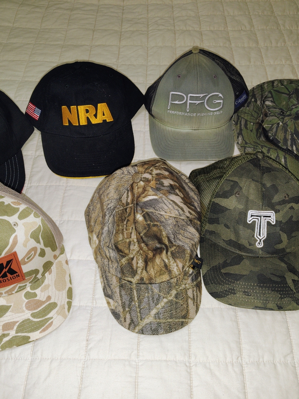 Lot of 7 Camo & Outdoor Hats Insulated Hunting Cap NRA USMC Columbia Trucker